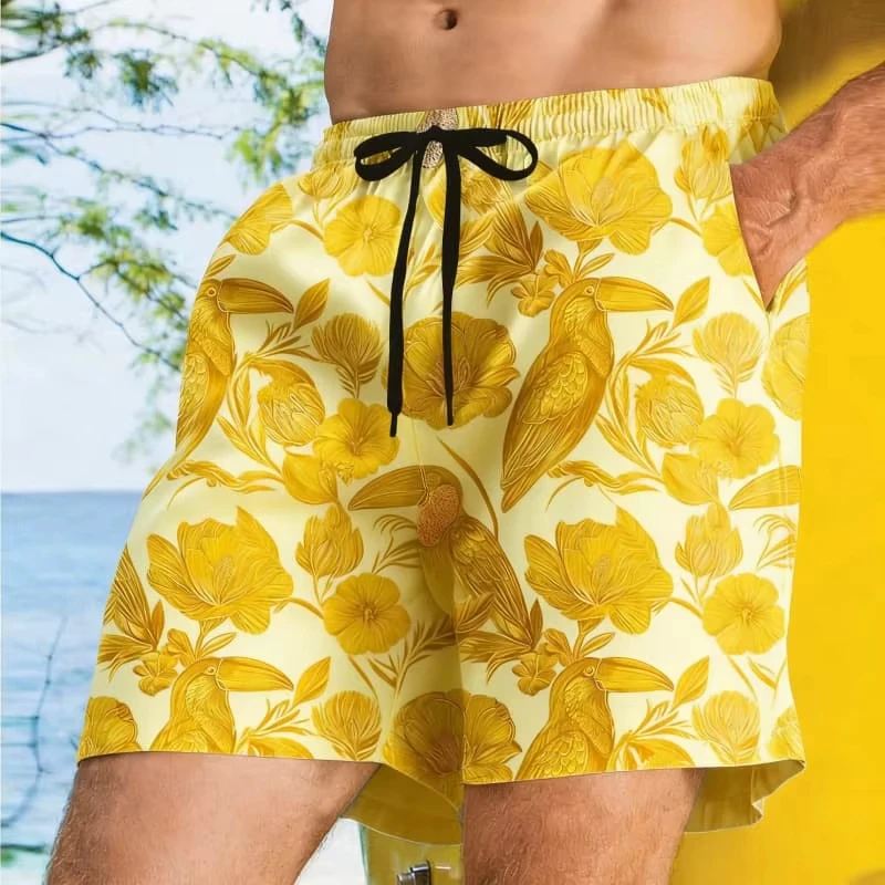 

Mens Orange Toucan Floral Print Quick Dry Drawstring Waist Beach Shorts Swim Trunk 2026
