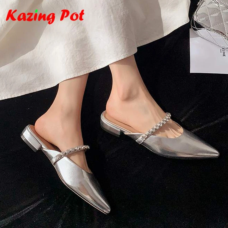 

Туфли-мюли Krazing Pot из натуральной кожи с острым носком, на низком каблуке, весенне-осенние, с кристаллами и бисером, без застежек, женские, в стиле Ins