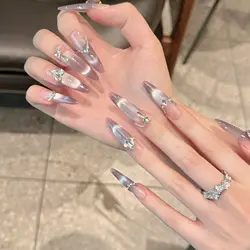 Handmade Press on Nails Glitter Rhinestone Purple Cat Eye Fake Nails Full Cover Wearable European Long Oval Head False Nails