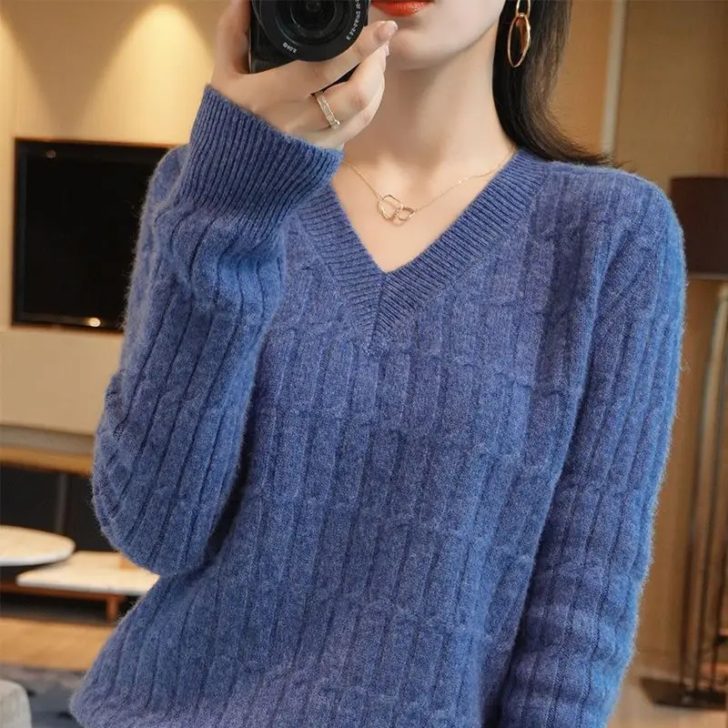 Tops de punto de Color liso para mujer, suéteres de manga larga que combinan con todo, cuello en V, moda de otoño e invierno, 2023
