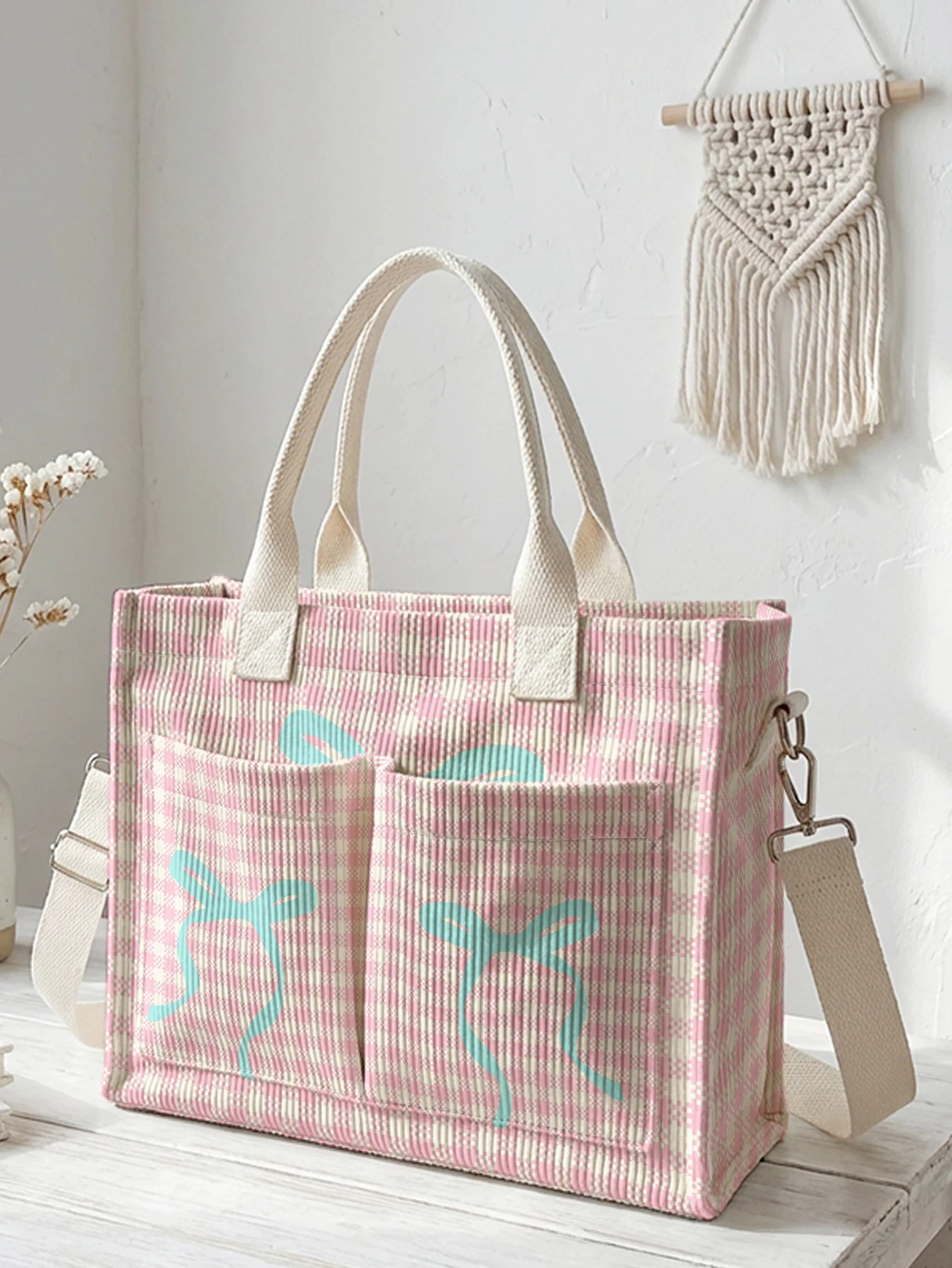 

Pink Plaid & Mint Bow Print Corduroy Tote Bag Large Capacity Multi Pocket Girls Commuter Shoulder Bag