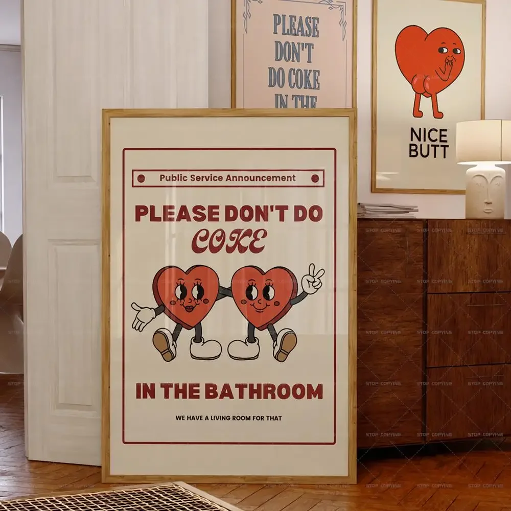 Retro Please Don't Drink Coke In The Bathroom Beige Groovy Animated Heart Wall Art Canvas Painting Poster Living Room Home Decor