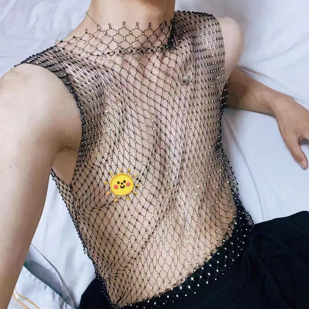 Flash Diamond Vest Mesh Navel Tank Tops Men\'s Sexy Fishnet Perspective Personality T-shirt Trend Nightclub Unisex Sexy Underwear