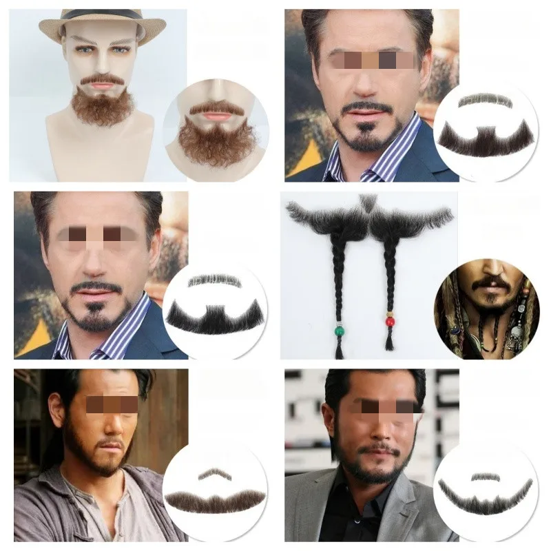 Trimmable Black Brown Fake Face Beard Mustache For Men Real Human Hair Invisible Swiss Lace Brown Straight Curly Thick Beard