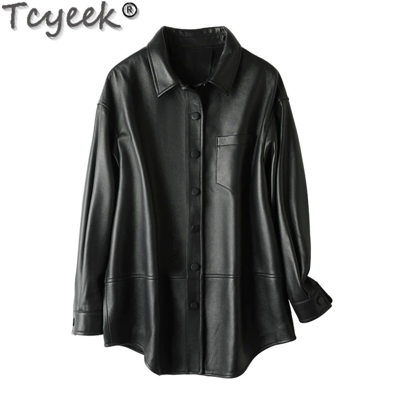 Tcyeek Genuine Leather Jacket Women Clothing Mid-length Top Layer Sheepskin Coat 2023 Spring Fall Leather Shirt Jackets Female