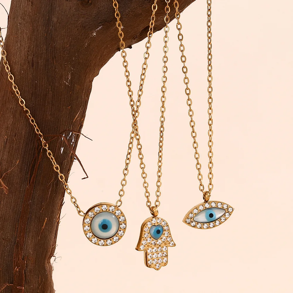 

Lucky Rhinestone Mini Palm Evil Eyes Pendant Necklace High Quality 18K Gold Plated Stainless Steel Fashion Jewelry Gifts