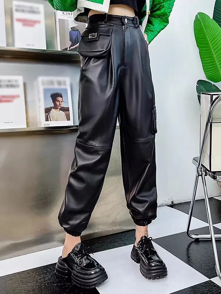 

High Street New Women Genuine Leather Pants High Waist Sheepskin Cargo Pants Casual Ankle Length Punk Female Motorcycle Trousers