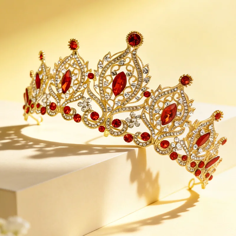 Zinc Alloy Rhinestone Baroque Crown Red Bridal Hair Accessory Wedding Toast Dress Headpiece for Women Party Hair Decor