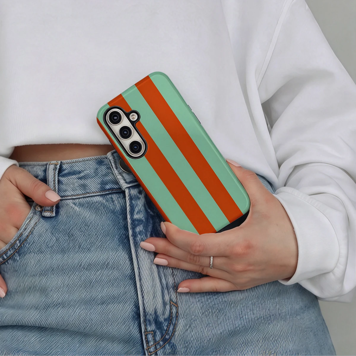 Orange Mint Wide Stripes Phone Case For Samsung Galaxy S26 S25 Ultra S24 S23 Plus Hard Shock‑Absorption 2-in-1Protective Cover
