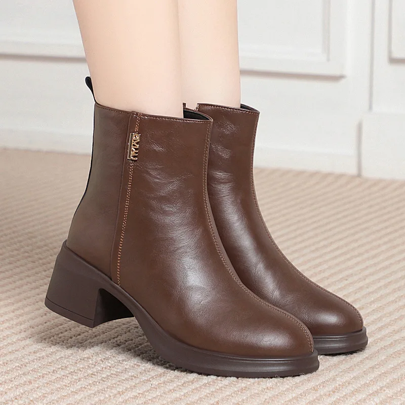 

Leather ort Boots Women's Thi Heel Fce Lined Medium High Heel Winter Boots Cotton oes Warm Wool Single Boots