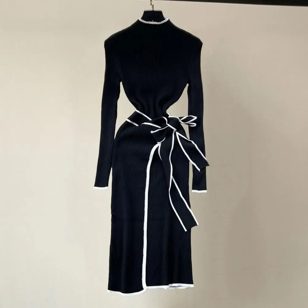 

Long-sleeved Knitted Dress Belted Waist Women Dress Elegant Vintage High Neck Maxi Dress with Belted Waist Split Hem Women's