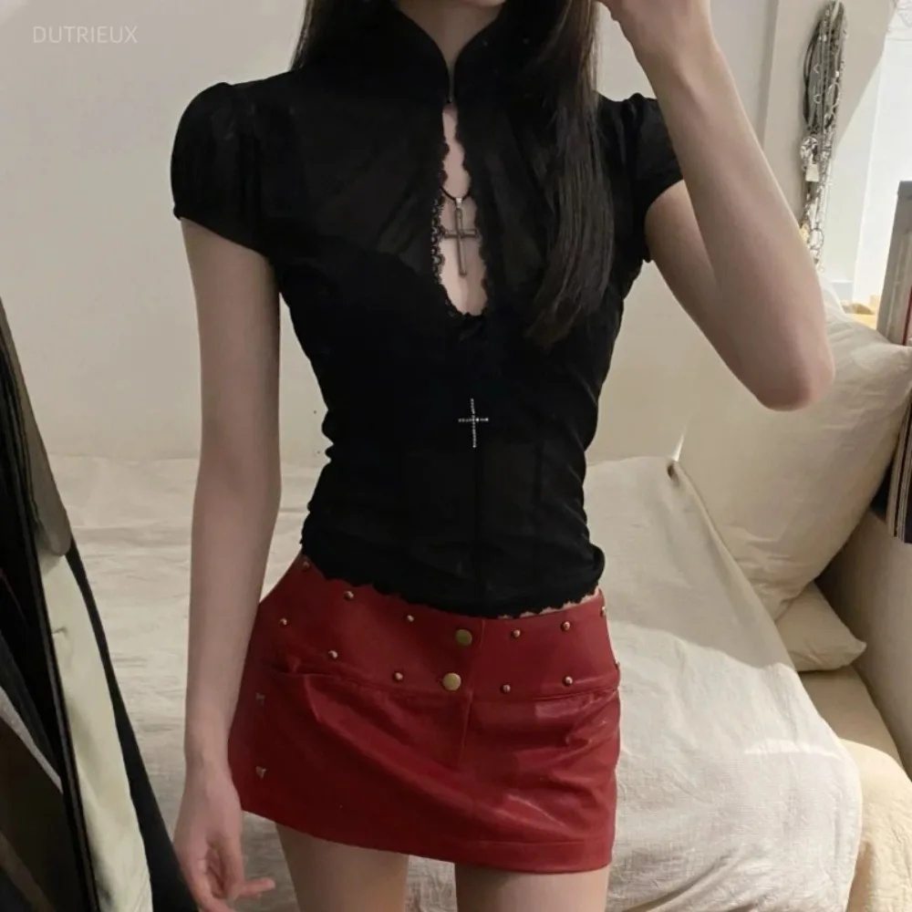 Sexy Hollow Out Lace Spice Girls Set T-shirt Slim Leather Short Elegant Skirt New Chinese Style Personalized Moda Dresses