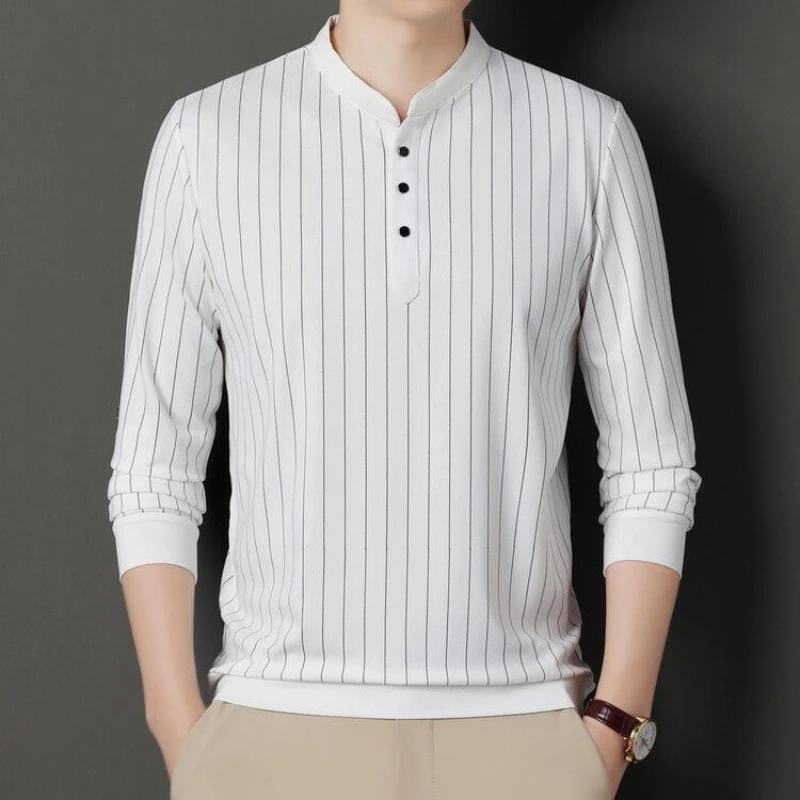 

Business Casual Men T-Shirts Autumn New Stand Collar Striped Button Fashion Office Social Loose Long Sleeve Bottoming Shirt Tops