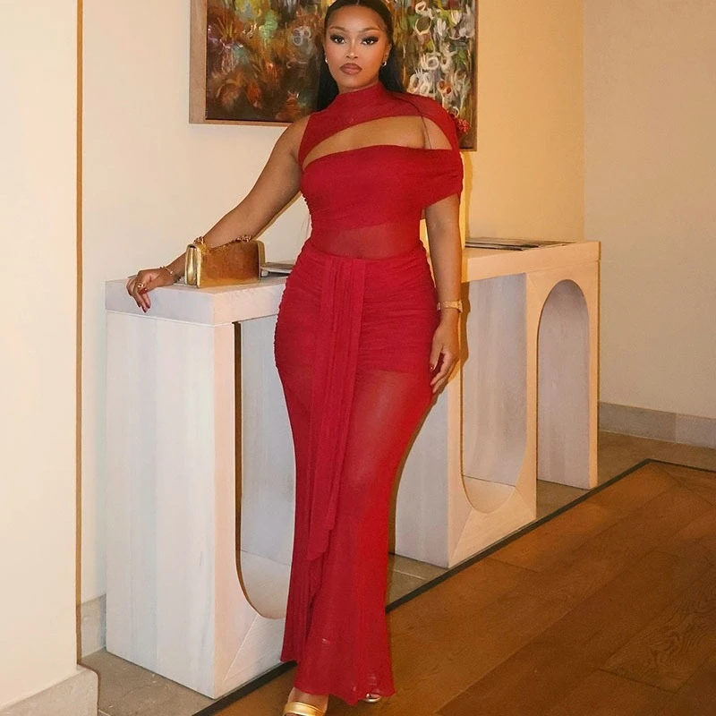 Doyerl Sexy Mesh Sheer Abiti da sera Donna Elegante Nightclub Party Prom Increspato Nastro Ritaglio Aderente Maxi Dress Robes Longues