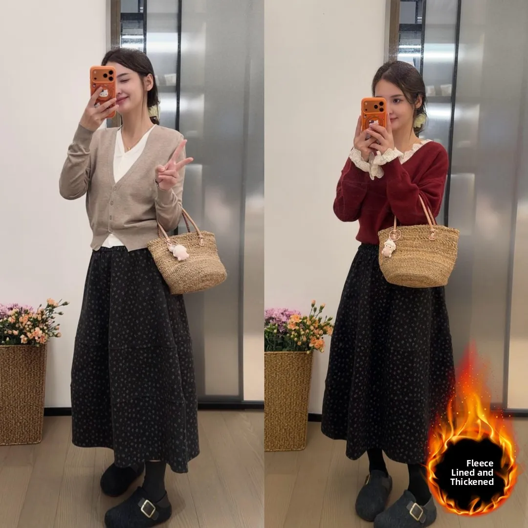 Winter Floral High Waist A-Line  Skirt Women's Woolen Skirts Elegant Umbrella Skirts Fleece Lined Ladies Skirts