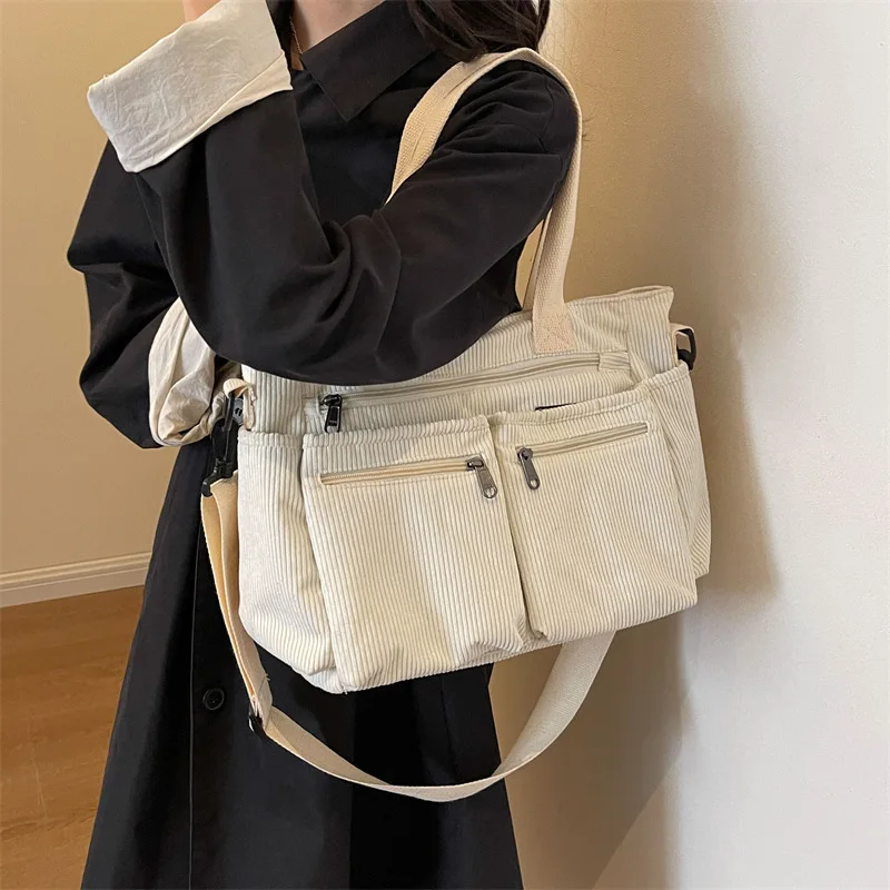 Casual Corduroy Messenger Bags Large Capacity Commuter Mummy Portable Shoulder Bag Multi Layers Camping Tote Bags