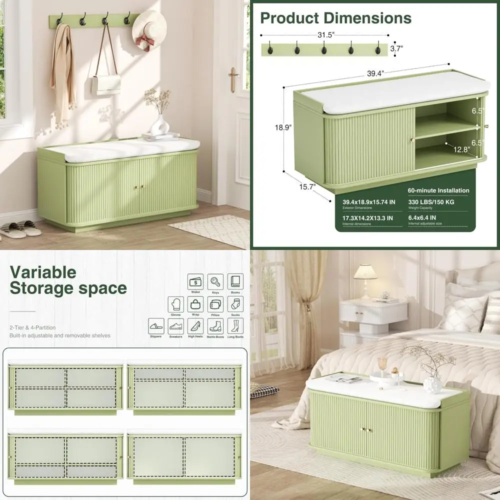 مقعد تخزين الأحذية مع خزانة بباب منزلق، وأثاث المدخل يتميز بخطافات معدنية وحشوة قابلة للتعديل لجهاز معزز