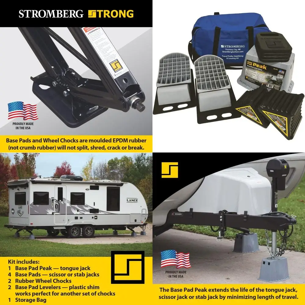 

Travel Trailer Leveler Kit - One Base Pad Peak for Tongue Jack, Two Rubber Wheel Chocks, Two Levelers for RV Campers, Two Anti-S