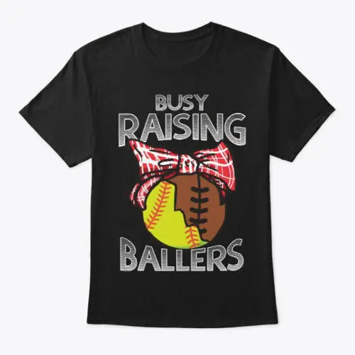 Busy-raising Mom Of Softball Football T-Shirt Made in the USA Size S to 5XL