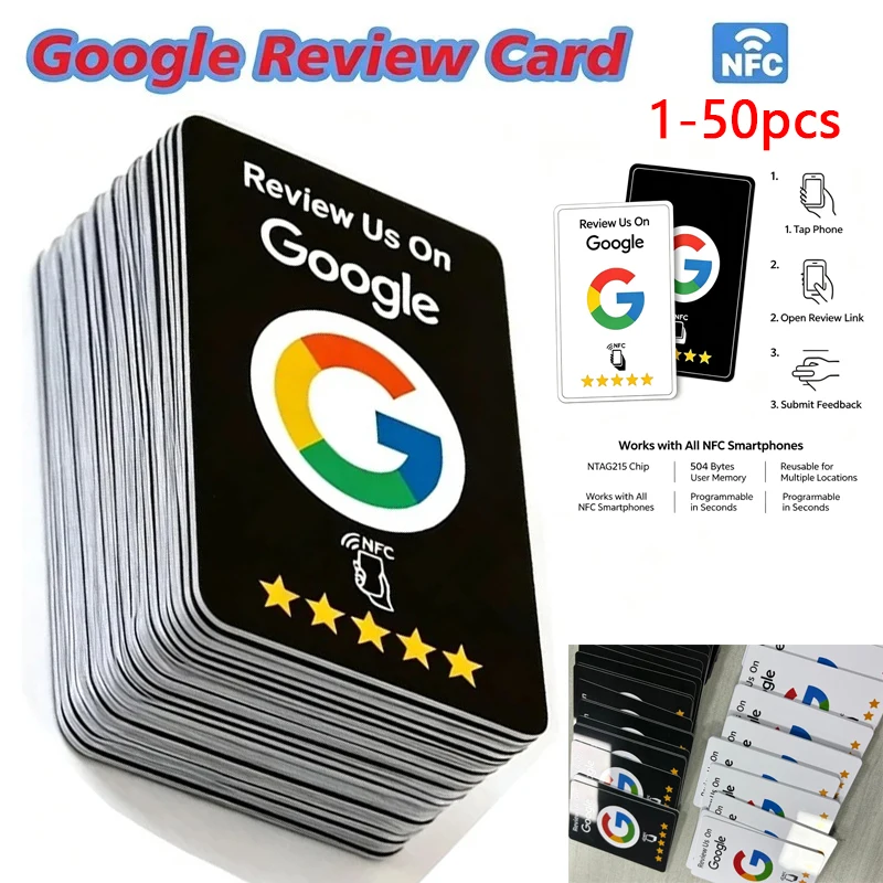 {1-50Pcs}- Black Premium Wear‑Resistant Matte Finish Reusable Google Review Tap NFC Card Programmable NFC Tap Card User‑Friendly
