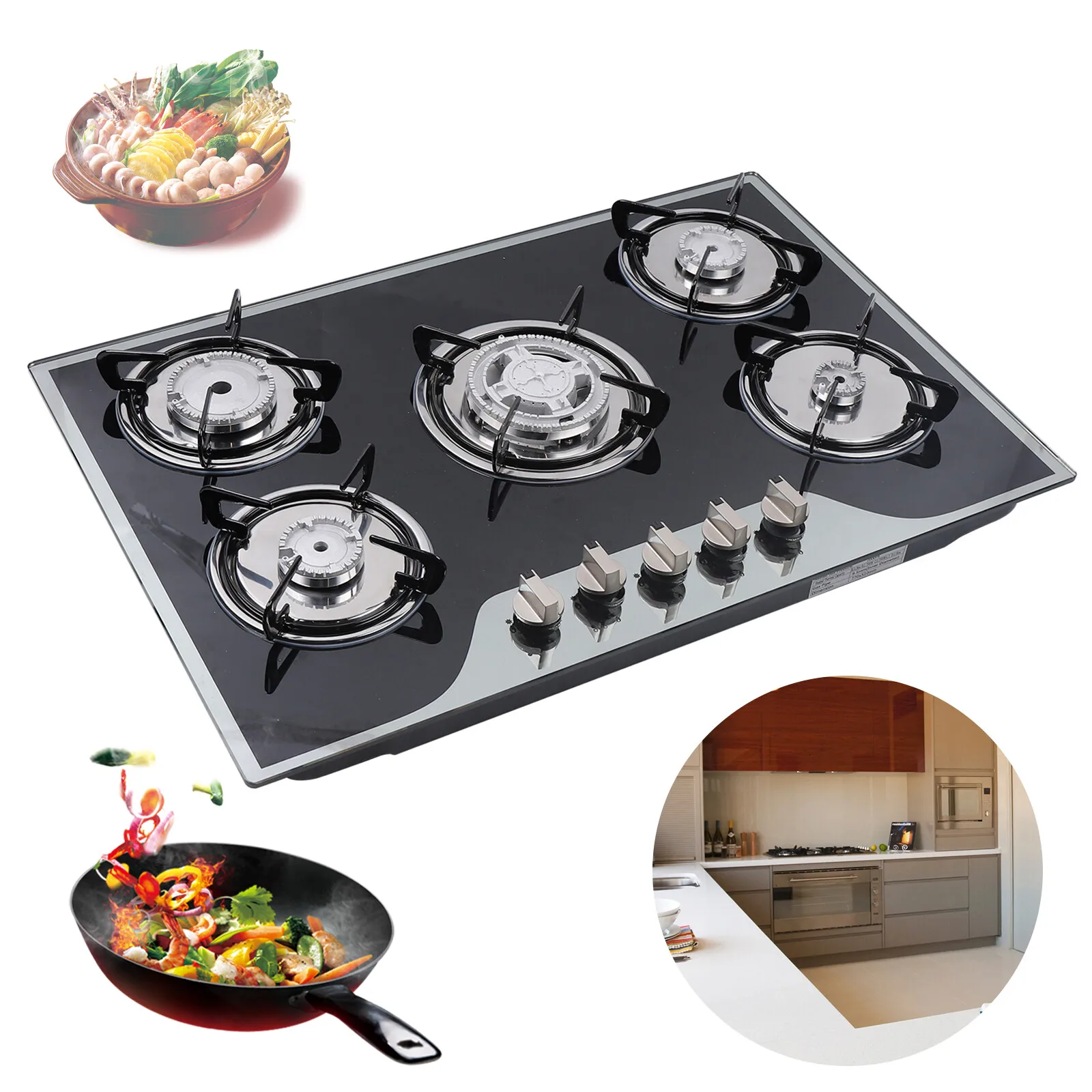 

30" Gas Cooktop Stove Top 5 Burners LPG/NG Dual Fuel Stainless Steel Built-In