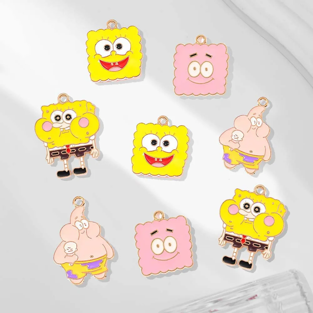 10 Peças DIY Mini Pingentes de Metal Esmaltado do Bob Esponja Quadrado, Charmosos para Chaveiros, Joias, Acessórios para Celular e Mochila, Presentes