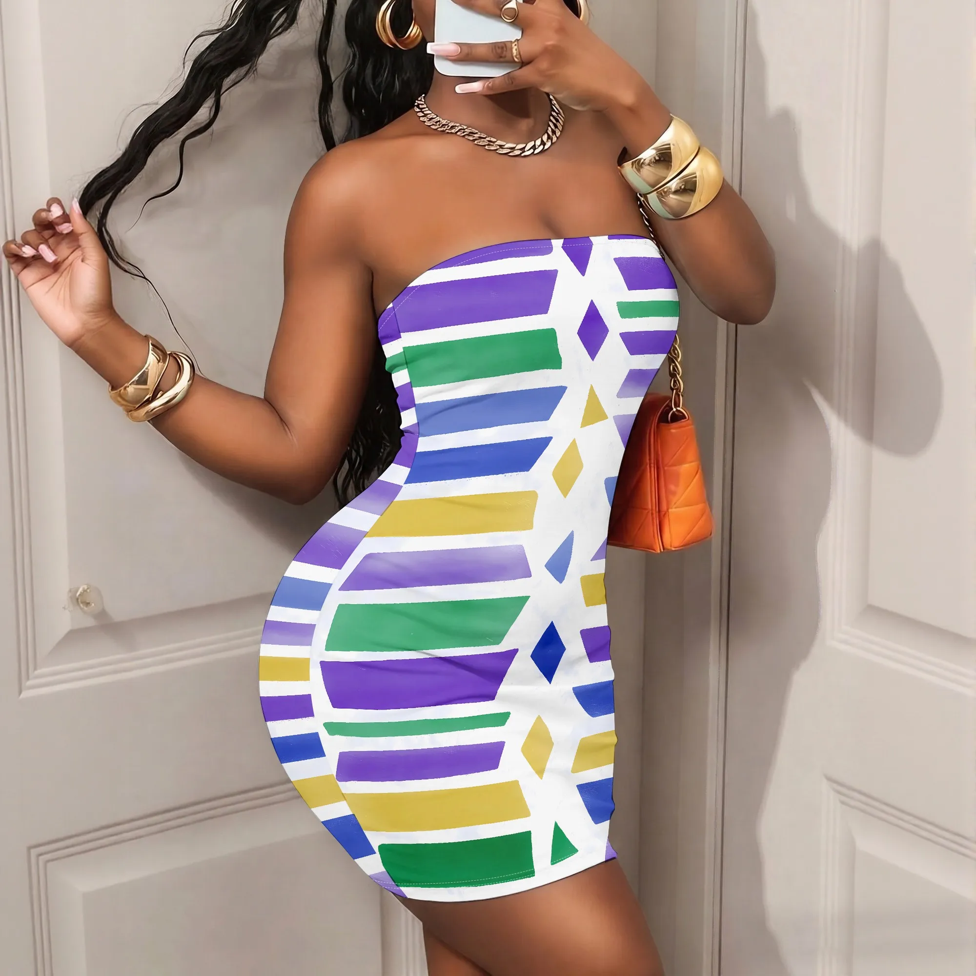 Colorful Geometric Print Tube Dress, Striped Pattern Mini Dress, Bodycon Party Wear for Women, S-2XL