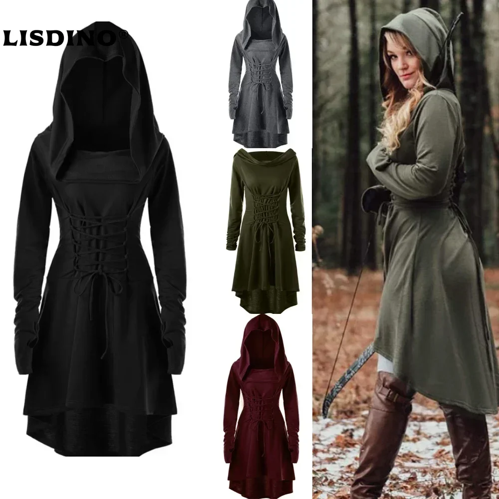 

1Medieval Cosplay Renaissance Archer Costumes Hooded Robe Lace Up Pullover Long Hoodie Dress Cloak Halloween Party