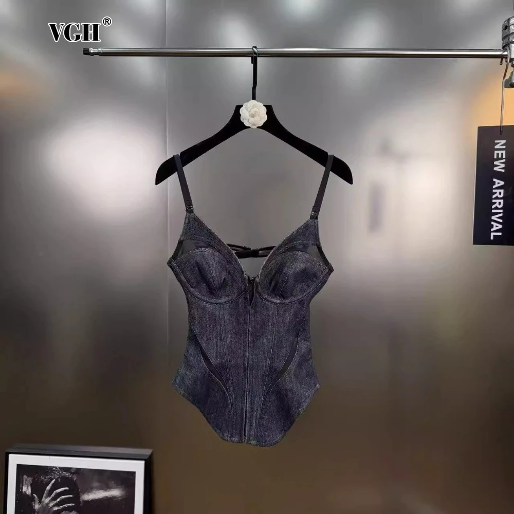 

VGH American Retro Slimming Tank Top for Women Sweatheart Neck Sleeveless Patchwork Zipper Backless Sexy Vest Female Clothes New