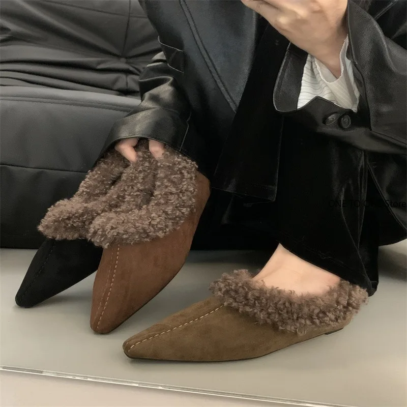 2025 Fur Flats Women Shoes Cotton Boots Pointed Toe Suede Sexy Warm Shoes for Woman Trend Winter Short Plush Elegant Fury Shoes