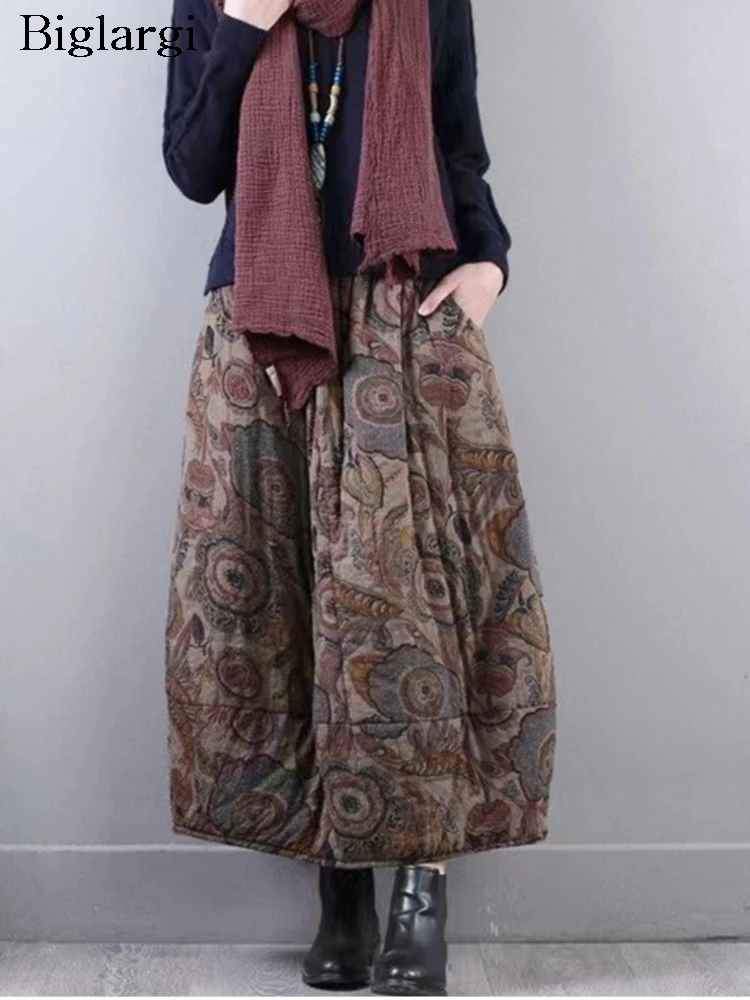 

Oversized Winter Padded Cotton New Skirt Women Floral Print Fashion Loose Pleated Ladies Skirts Casual Elastic Waist Woman Skirt
