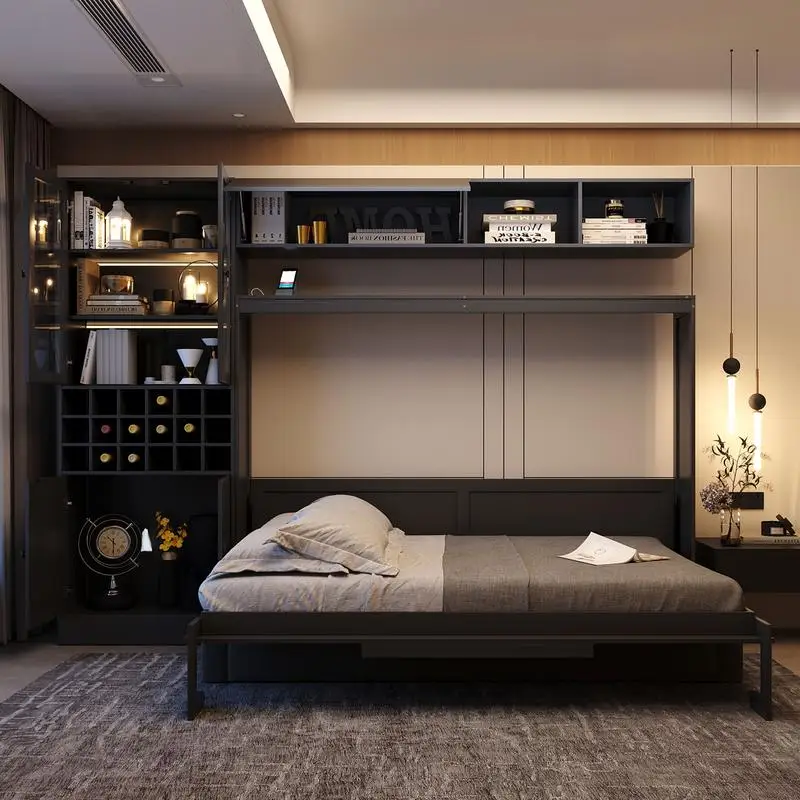 سرير حائط على شكل سرير ميرفي بالحجم الكامل مع أريكة وأرفف ومنافذ USB وإضاءة باللون الرمادي