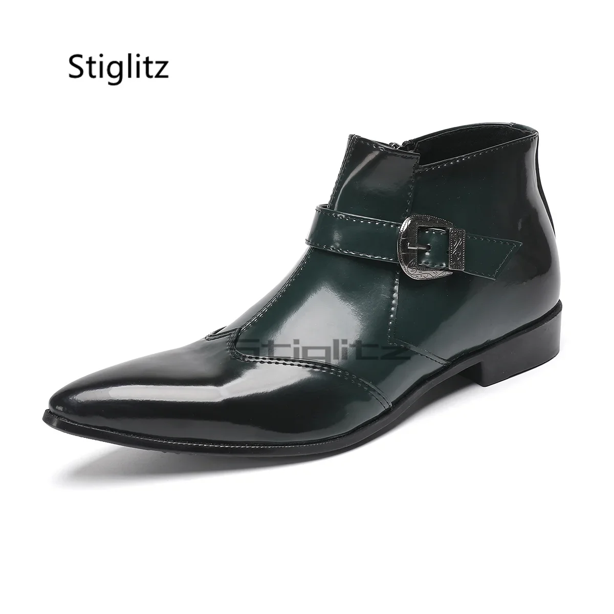 

Men's Green Ankle Boots Genuine Leather Belt Buckle Short Boot British Style Business High-Top Casual Low Heel Party Shoes