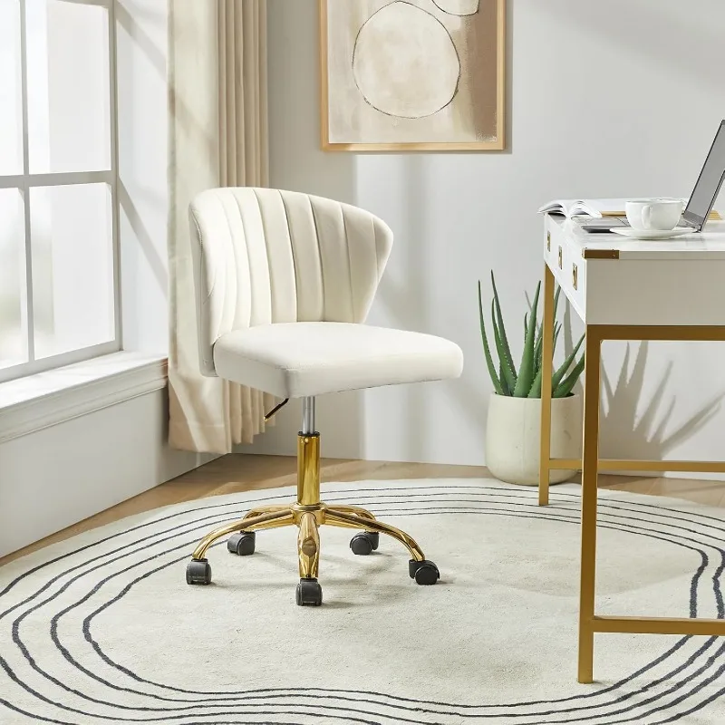 

Home Office Desk Chair with Gold Wheels, Small Cute Vanity Chair with Back for Bedroom, Adjustable Rolling Task Work Seat