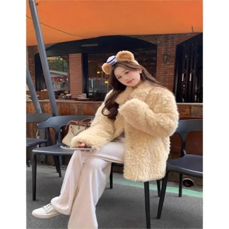 Roupa diária ao ar livre 2025 nova pele do falso lã de cordeiro outono inverno casaco feminino estilo coreano lapela grosso quente fofo solto design topos