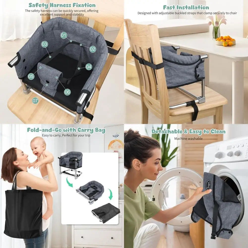 

Portable Toddler High Chair with Safety Strap & Adjustable Height, Foldable Feeding Seat for Kids, Grey