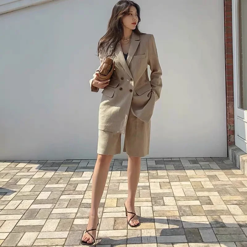 Flax Suit Women\'s Spring Summer 2023 New Casual Thin Cotton  Linen Small Blazers+shorts Two-piece Sets Comfortable Khaki Suits