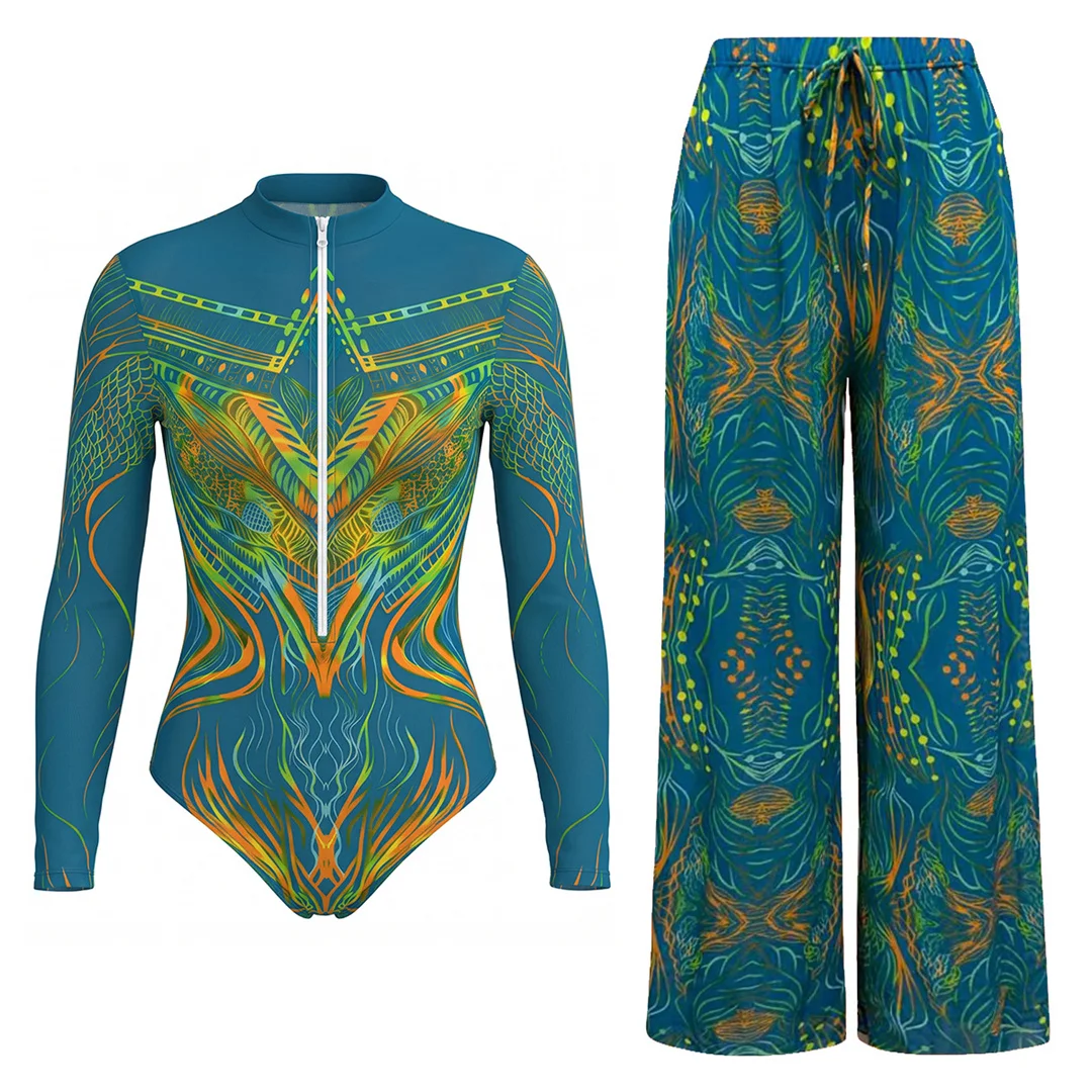 S - XXL Neuer bedruckter Badeanzug mit langen Ärmeln und Hose, Reißverschluss, Damen-Badeanzug, einteiliger Badeanzug, gepolsterter Badeanzug, Badebekleidung, Badeanzug V8356 – Detail 2