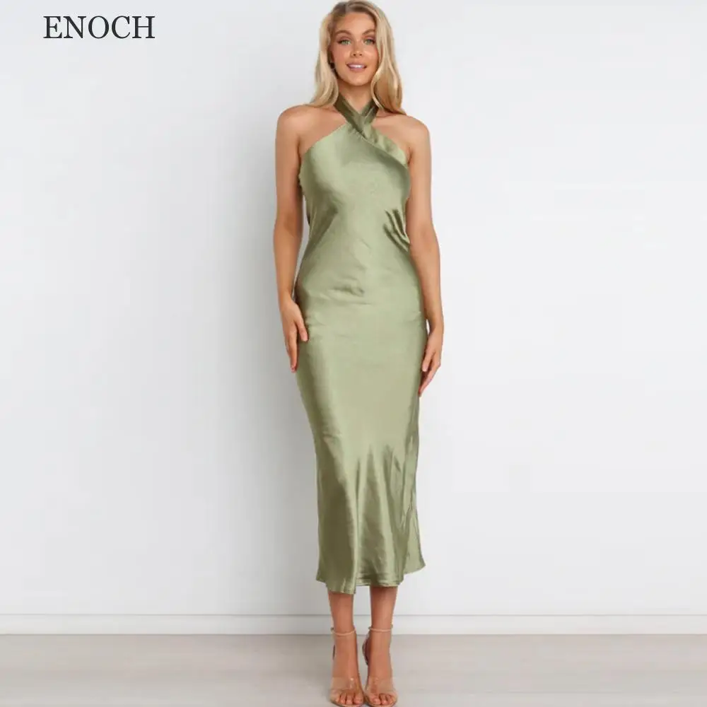 ENOCH Plain Halter Satin Bridesmaid Dresses Sleeveless Backless Party Dresses Tea-Length Custom Made Vestidos De Fiesta Sheath