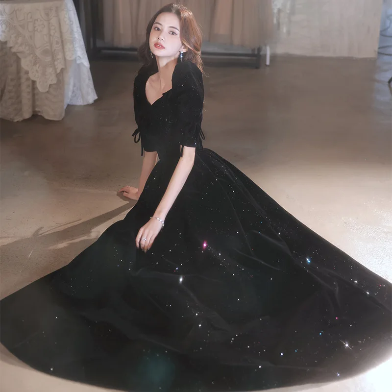 

Bling Black Evening Dress New Elegant Velvet Off The Shoulder Sequins Women's Floor-length A-line Birthday Party Vestidos