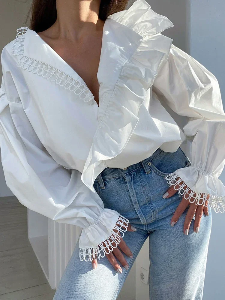 Mumaroho 2023 Autumn Winter Women Elegant Solid White Shirt V-neck Asymmetry Long Sleeve Blouse Female