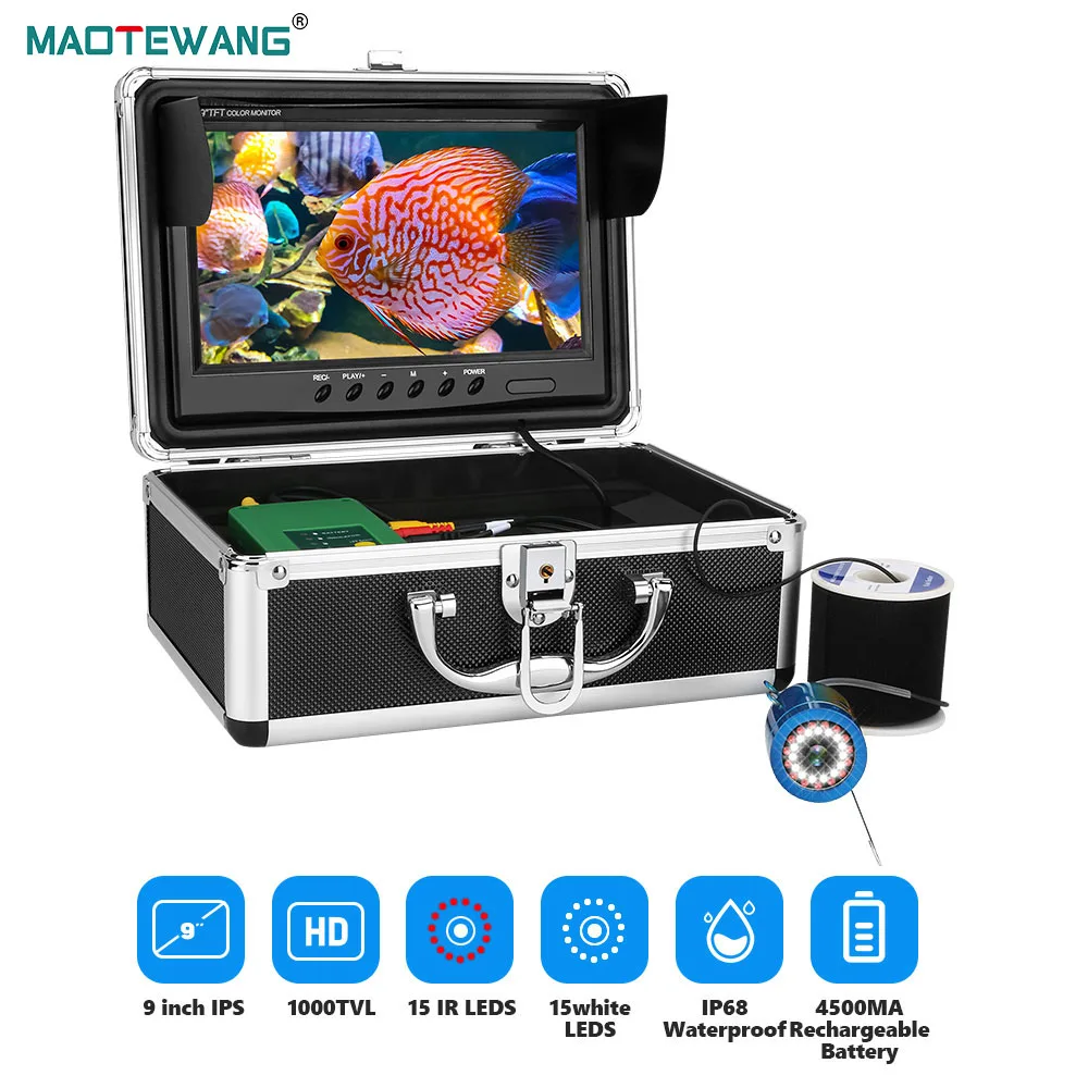 9Inch 15M 30M 50M Fish Finder Underwater Fishing Camera 4500mA Battery IP68 Waterproof Double Lamps For Ice/Sea/River Fishing