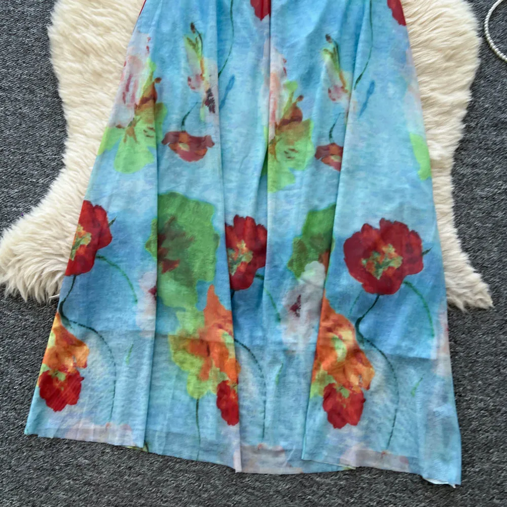 Chic vintage print mesh backless Ruched Elegant dress Fairy korean fashion Boho Sundress women clothing