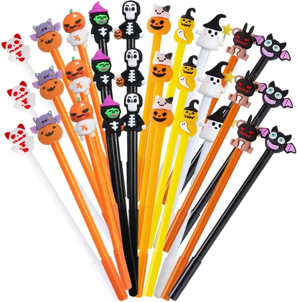 

24 Pcs Halloween Pens Pumpkin Skull Heads Ghost Bat Shape Pens 0.5 MM Bulk Black Rollerball for Halloween Party Supplies School