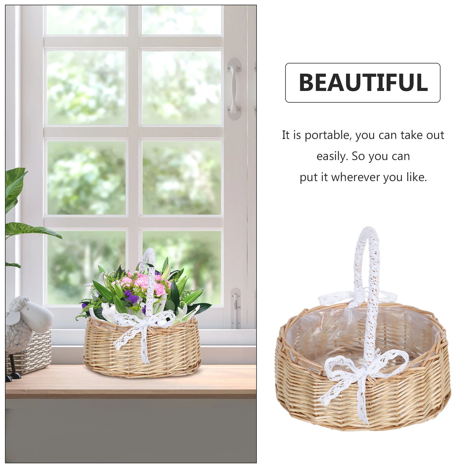 

Portable Rattan Flower Basket Woven Plant Container Storage Wedding Party Banquet Gift Keepsake Graduation Holiday Decor H held