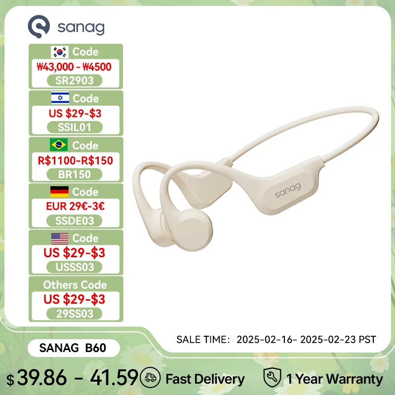 Sanag B60S Pro Bone Conduction Earphone Bluetooth 5.3 64GB Wireless Open Headset IPX8 Swim Waterproof Headphones with Microphone