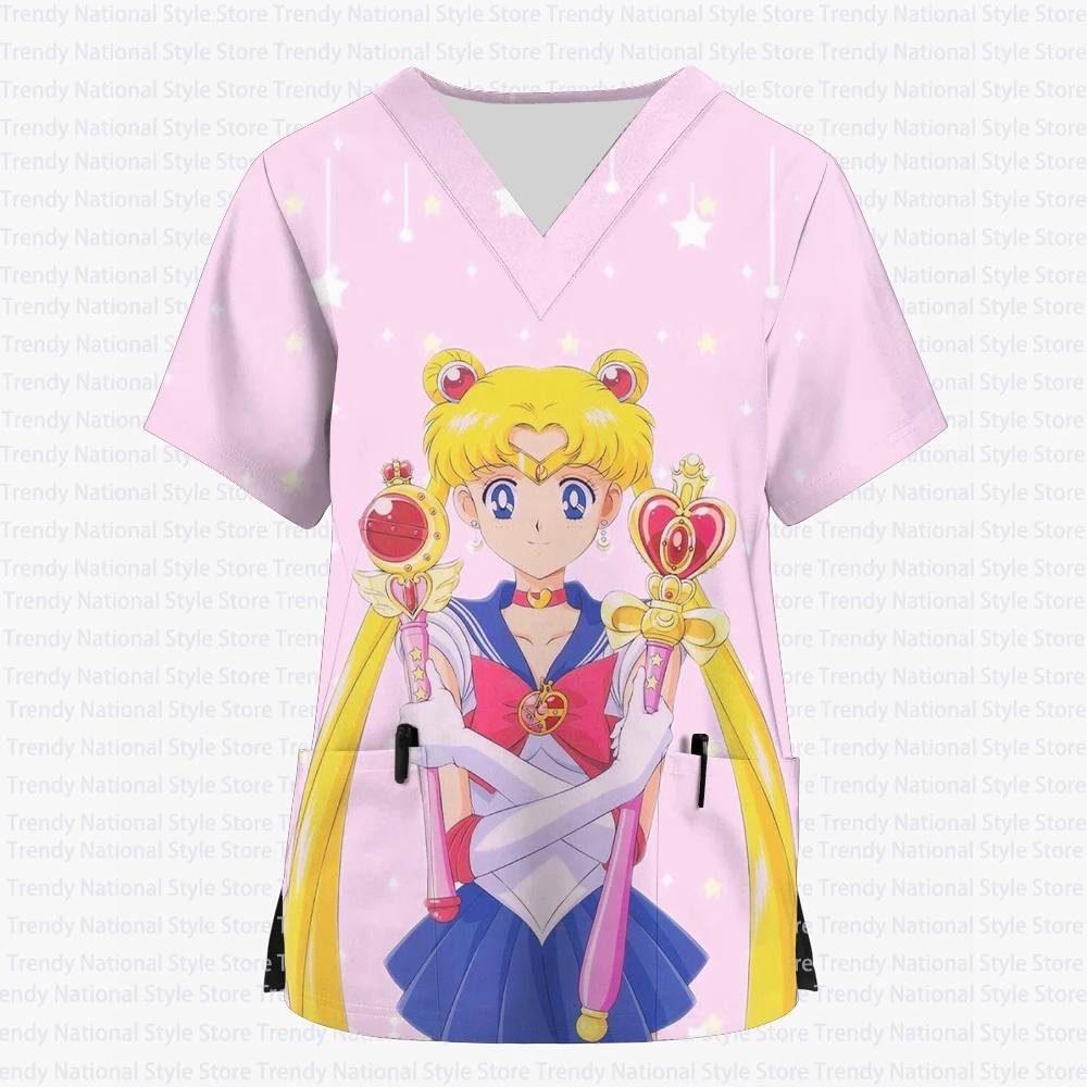 2025 Nuova Estate Del Fumetto Sailor Moon Infermiera delle Donne Uniforme Con Scollo A V Tasca Stampata Top Smerigliato Uniforme Da Lavoro Ospedale T-shirt
