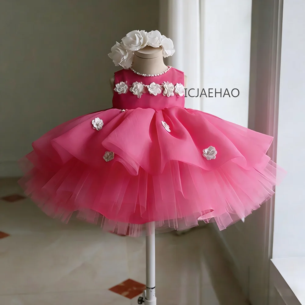 

2026 Wed Dress Vestido Elegant Veil Matching Wedding Flower Girl CostumeChildren's Birthday Princess Dresses Clothes Kids White