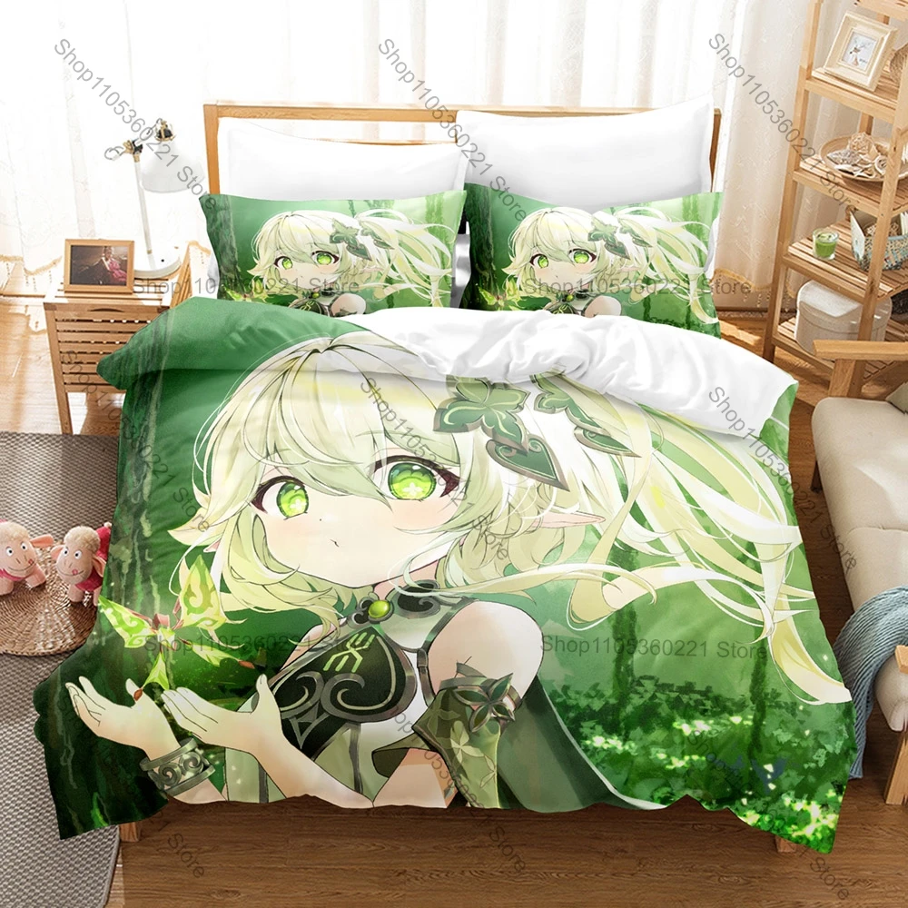 Cool Nahida Fan Merch Duvet Cover + 2 Pillowcases, Exquisite Genshin Impact Art Print Bedding Set Comfortable Textile for Game L
