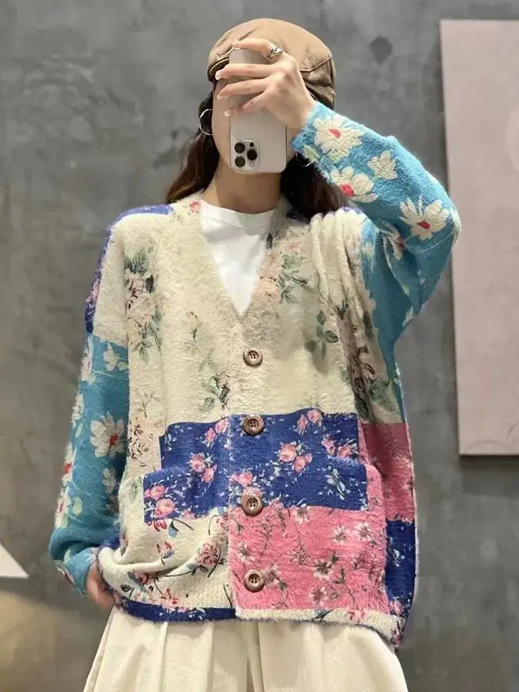 Amax LuluE 2025 Fall Womens Fashion Printed Loose Cardigans Casual V Neck Sweaters Ladies Korean Luxury Classic Cartoon Knitwear